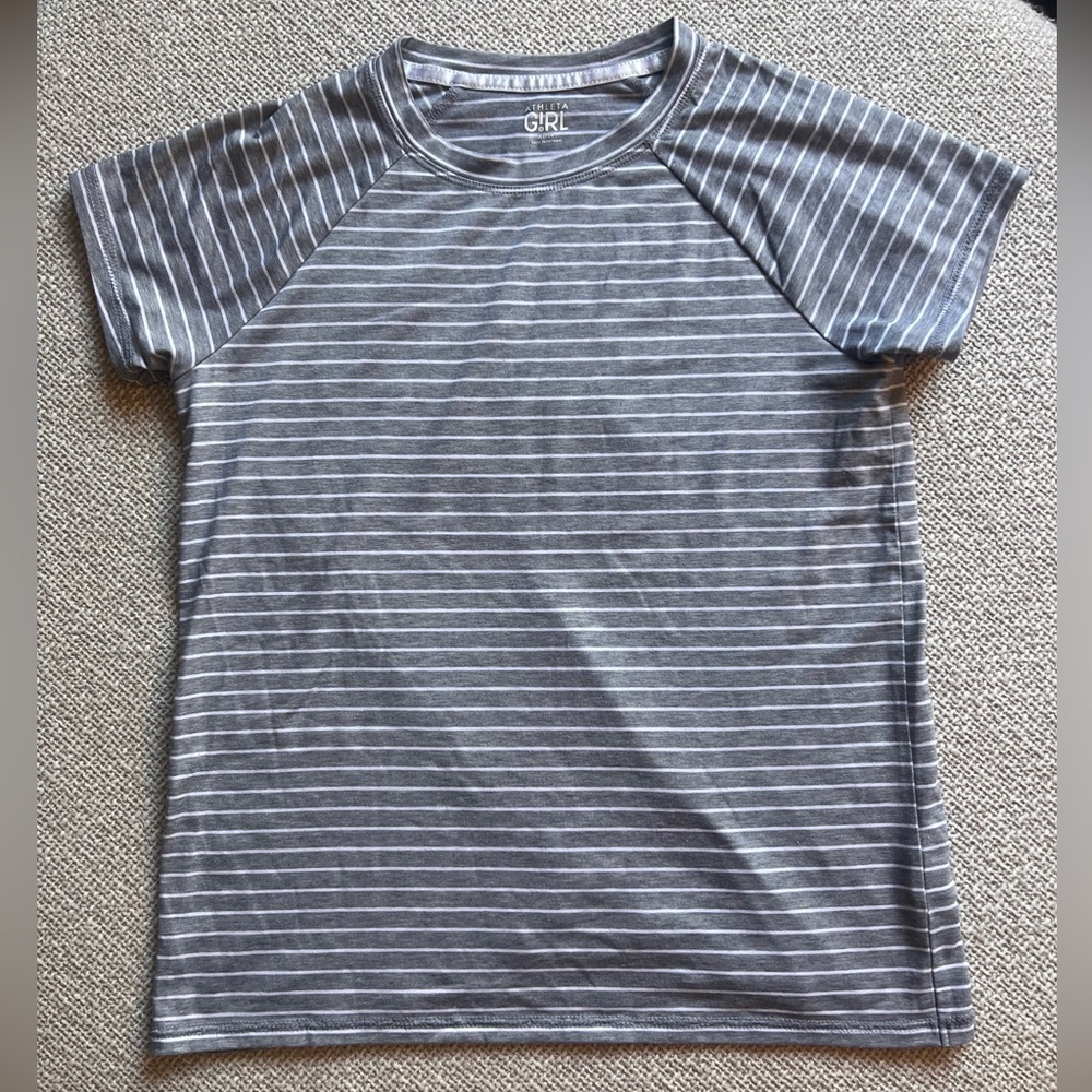 Athleta Grey and White Striped Tee - Athletic Size 14